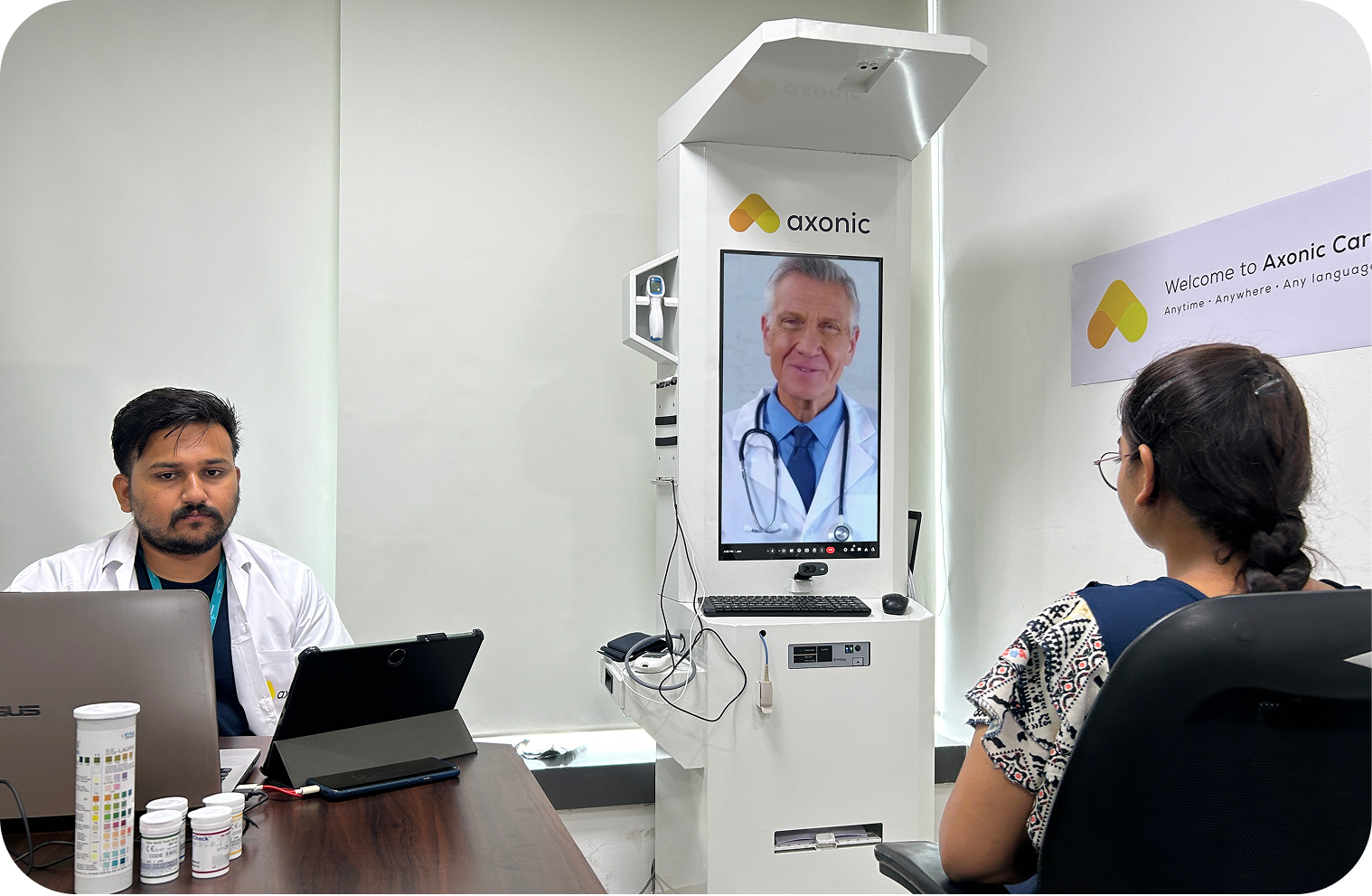 AI-Powered Triage & 24x7 Telemedicine Access - AxonHealthHub feature showing Connection to AxonDoc's multilingual AI triage supporting over 100 languages, pr...